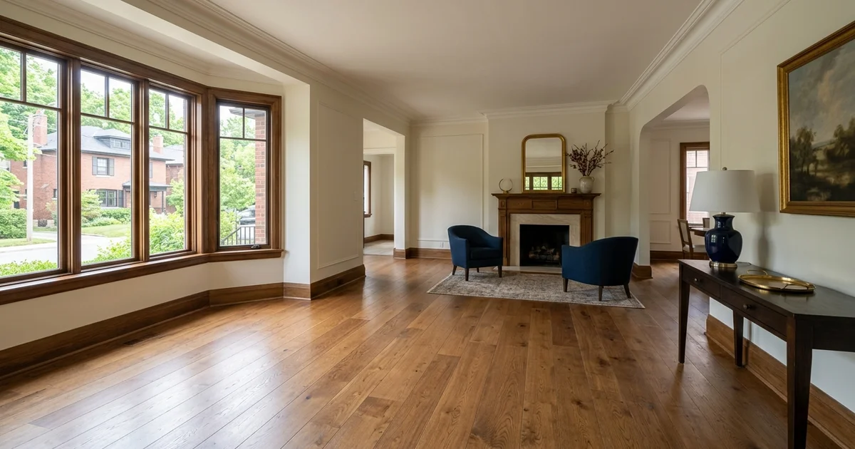 Empty, swept living room with hardwood floors in afternoon light