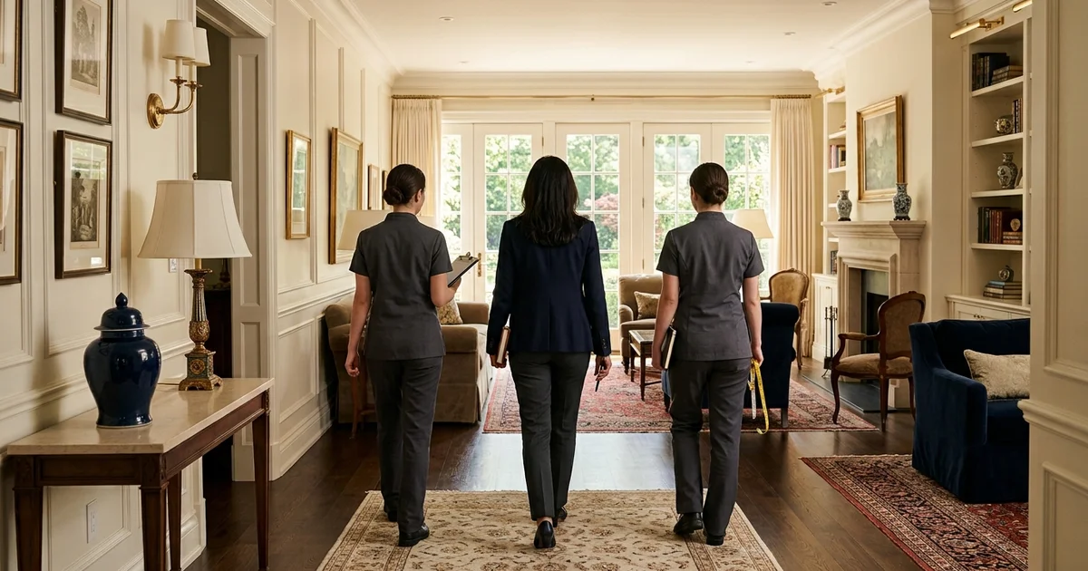 Executor and two crew members walking through a Forest Hill home during a consultation