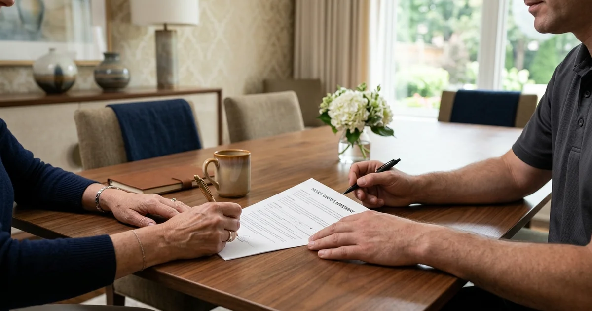 Family member signing a written quote with a crew lead at a dining table