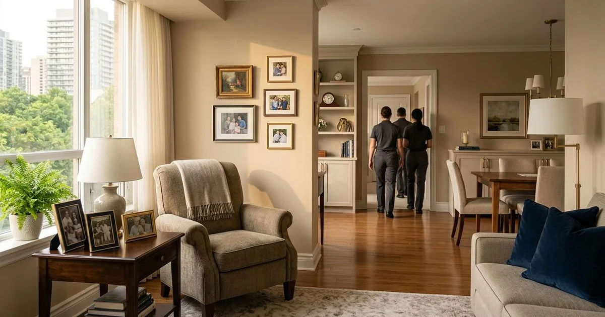 Assisted living suite set up with a familiar armchair and framed family photos