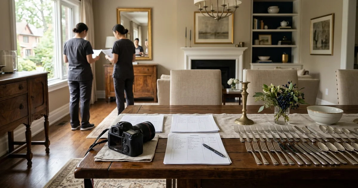 Inventory sheets and a camera on a dining table with silverware lined up