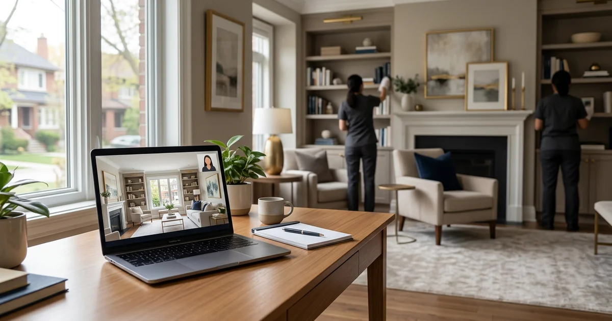 Laptop on a desk showing a video call of a tidy Toronto living room