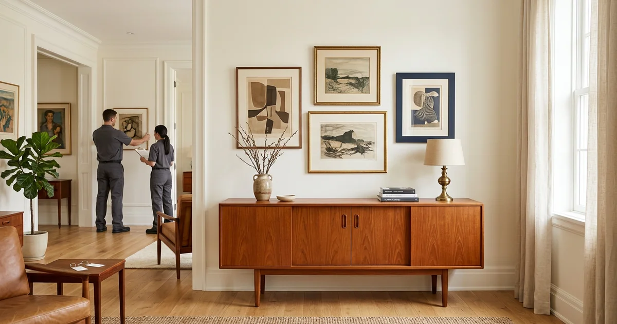 Mid-century teak sideboard and art prints staged for auction photography