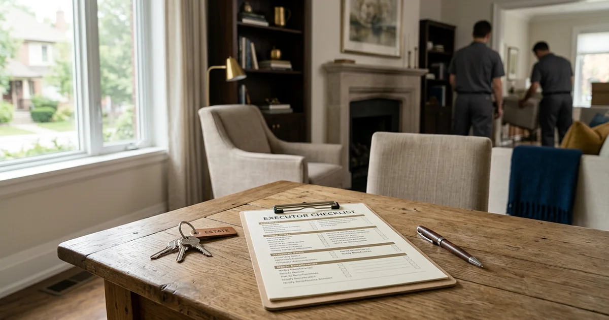 Printed executor checklist on a clipboard beside house keys and a pen