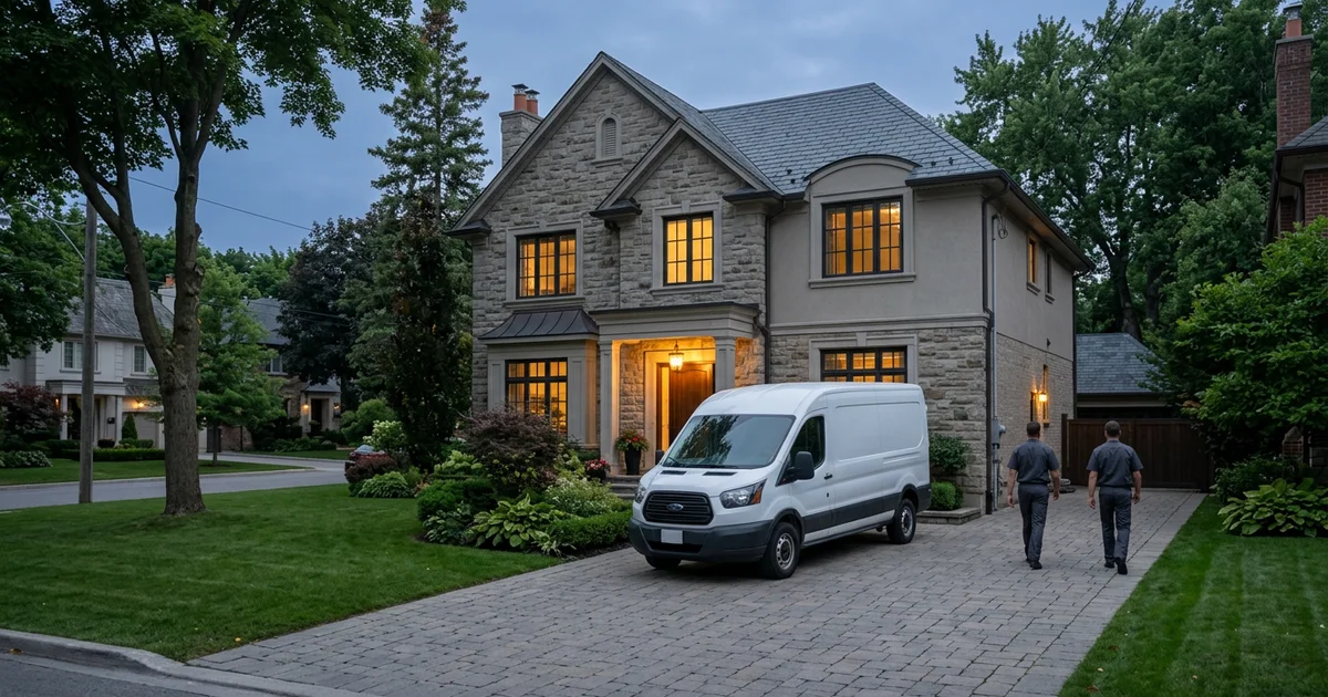 Quiet Lawrence Park house at dusk with porch light on and an unmarked van in the driveway