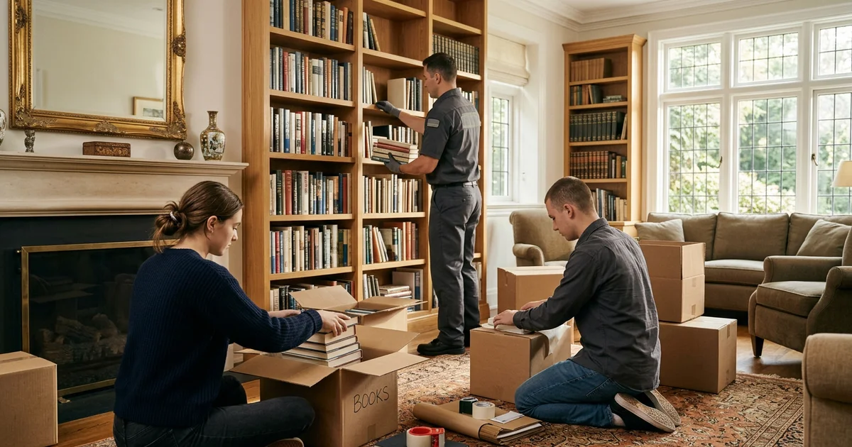 Two siblings and a crew member packing books together in a bright family room