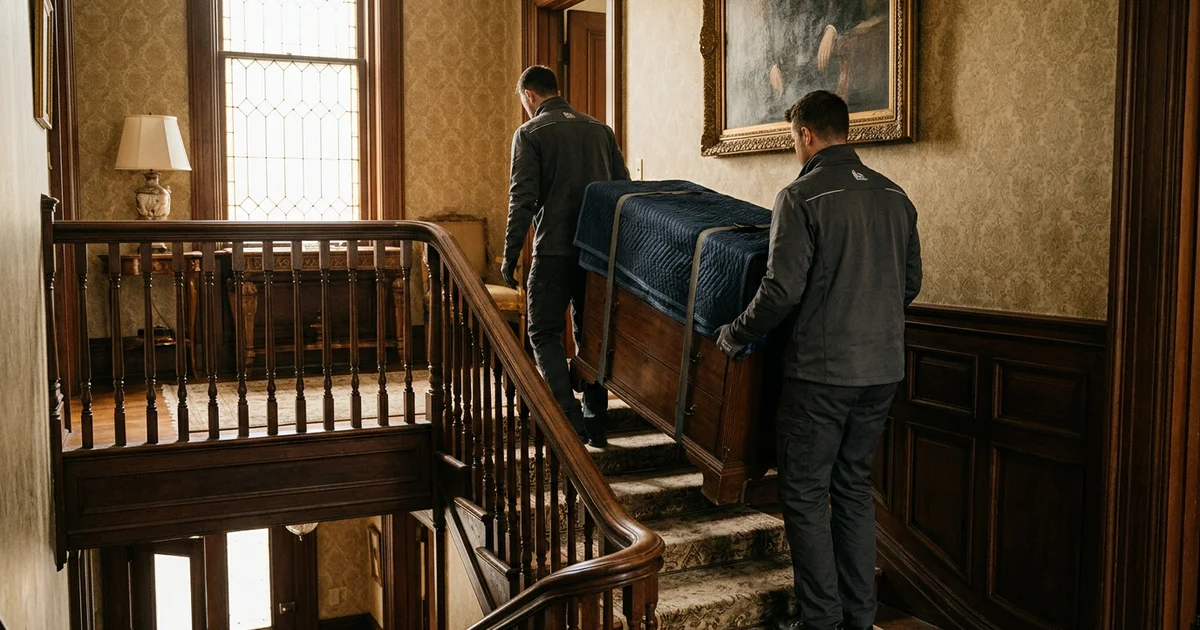 Two crew members carrying a padded dresser down a narrow Victorian staircase