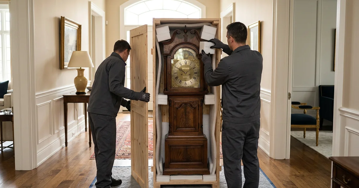 Two crew members crating an antique clock with padding in a bright hallway