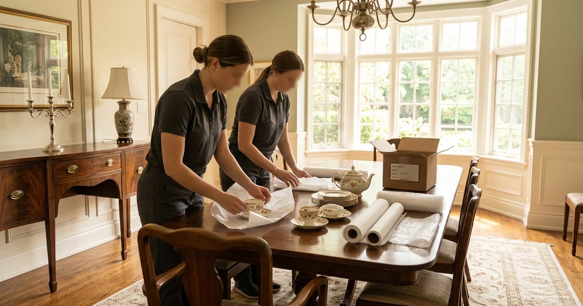 Crew hands wrapping a china teacup set in tissue on a sunlit dining table