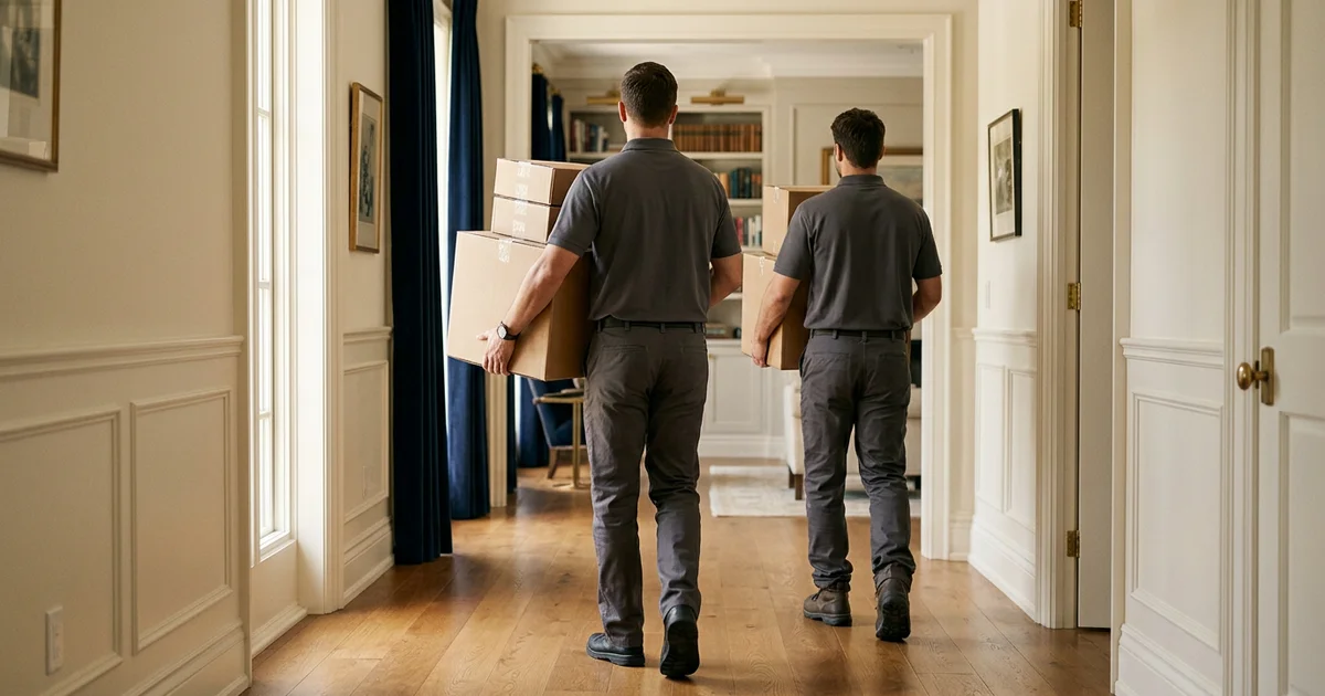Two crew members carrying sealed boxes through a cleared hallway in a Beaches home