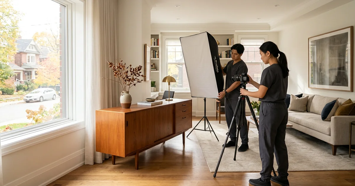 Two crew members photographing a mid-century sideboard for online auction