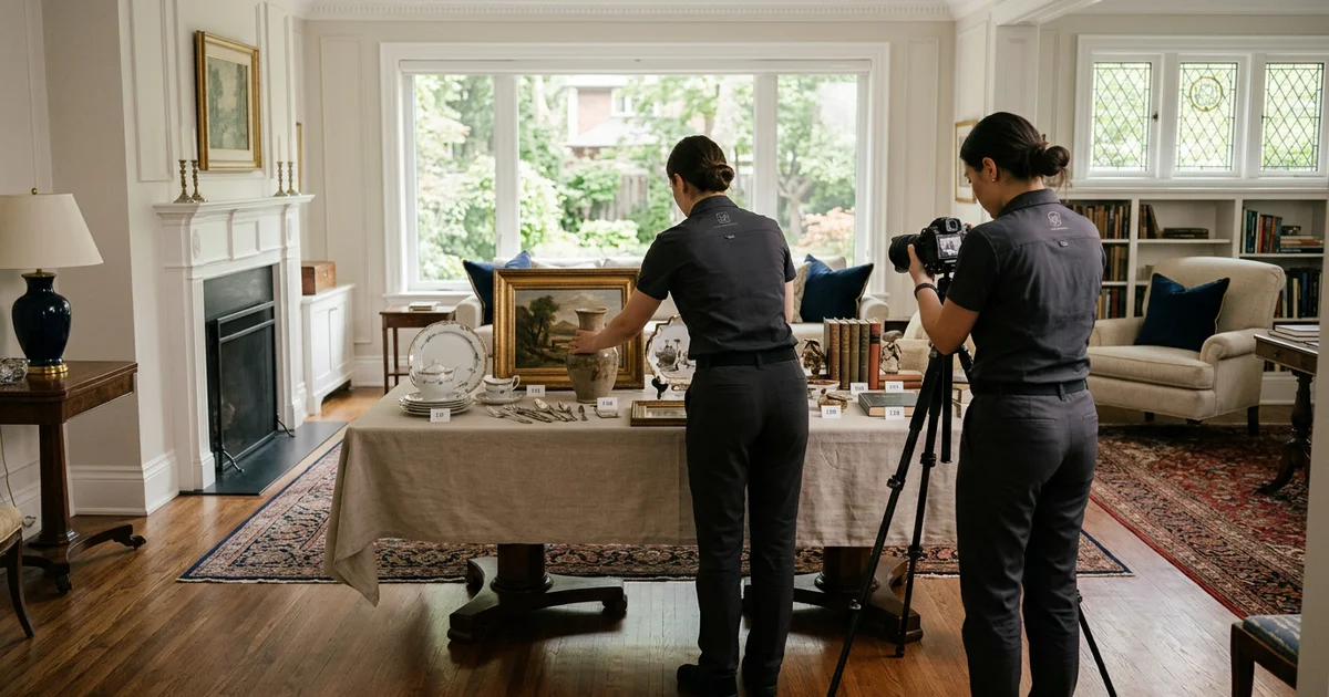 Two crew members photographing grouped auction lots on a covered table