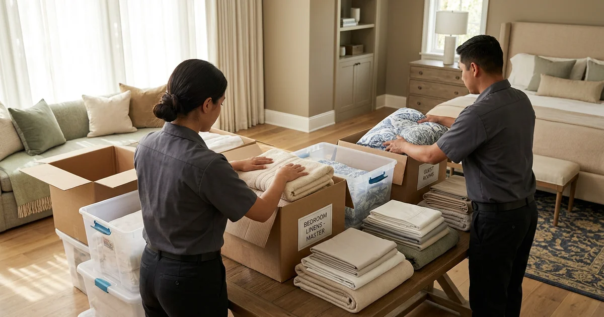 Two crew members sorting linens into labelled boxes in a bright bedroom