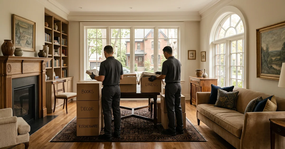 Two crew members sorting a sunlit Toronto living room into labelled boxes