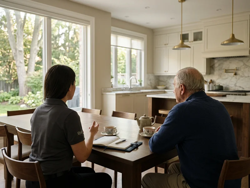Senior crew lead and executor talking at a kitchen table during a consultation