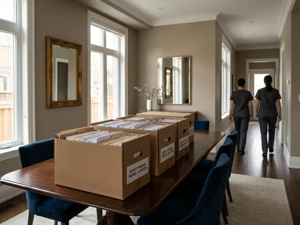 Financial papers boxed and labelled for the executor
