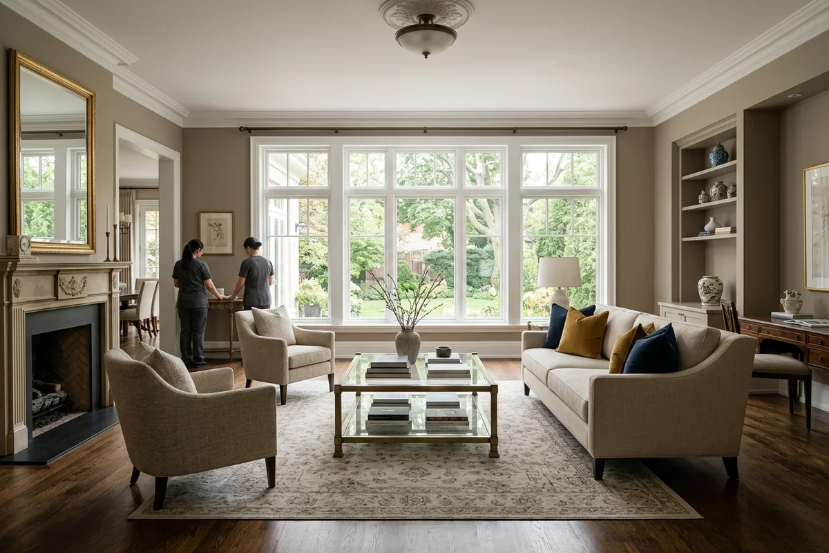 Cleared, bright Leaside living room ready for staging and listing photography