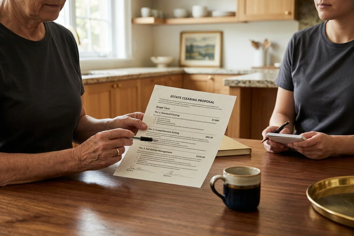 Crew lead and executor reviewing an itemized written quote at a kitchen table