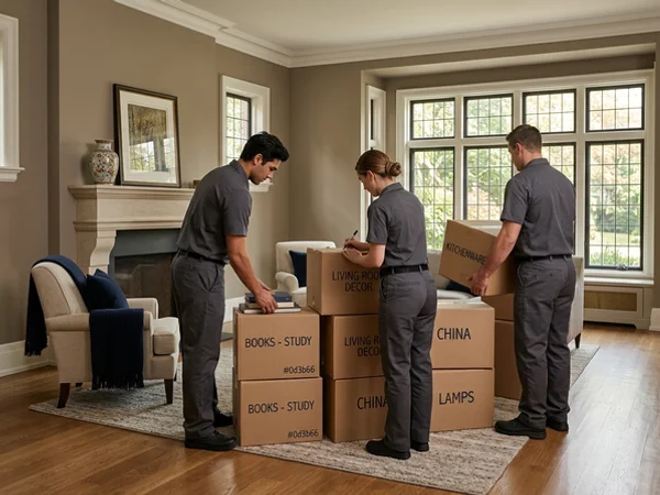 Crew working methodically in a partly cleared living room