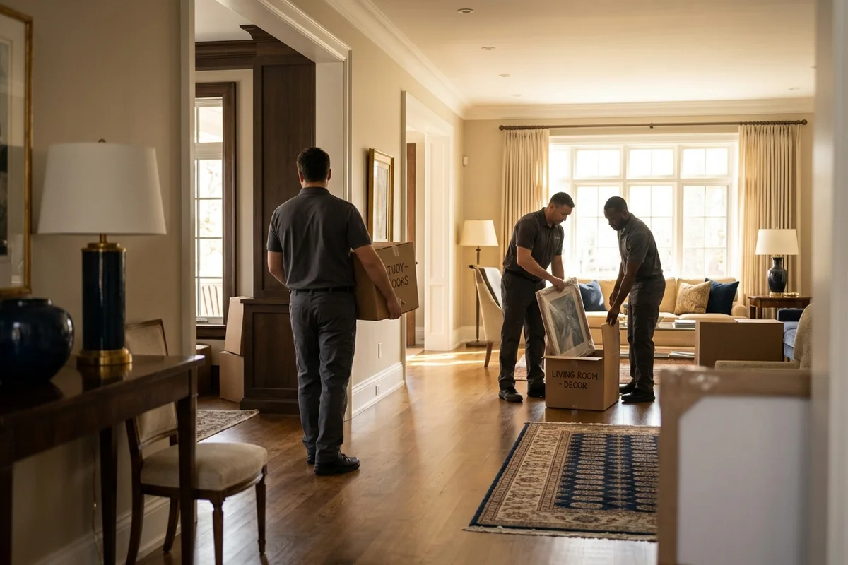 Estate clearing crew working room by room in a bright Forest Hill home