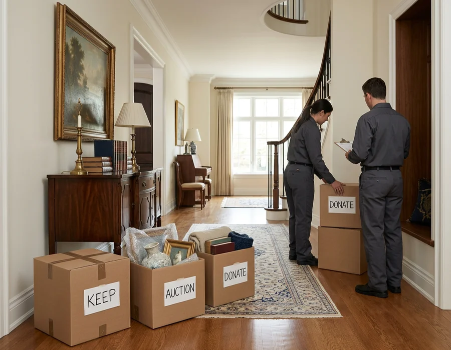 Labelled keep, auction and donate boxes arranged in a bright hallway during an estate clearing