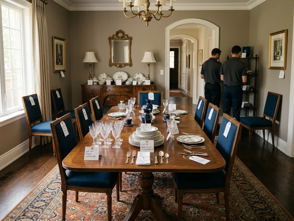 Dining room organized and tagged for the sale