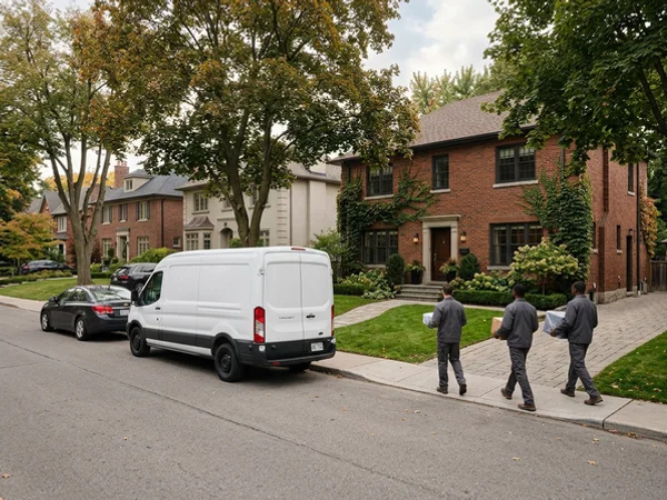 Plain white unmarked van parked outside a Toronto family home