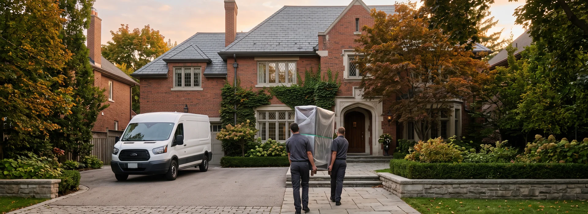 Unmarked white van outside a Toronto home while two crew members carry wrapped furniture