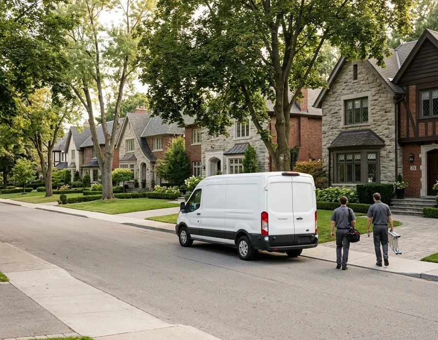 Quiet residential street with family homes and an unmarked van at the curb
