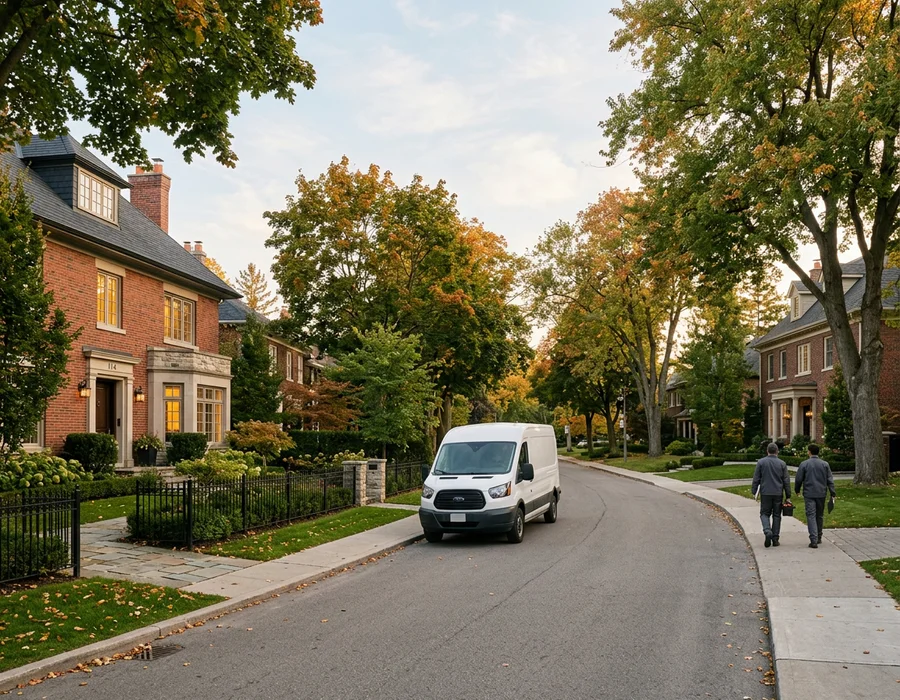 Tree-lined Lawrence Park street with an unmarked van parked discreetly