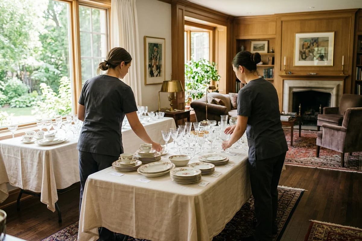 Crew arranging priced glassware and china on draped tables for an estate sale