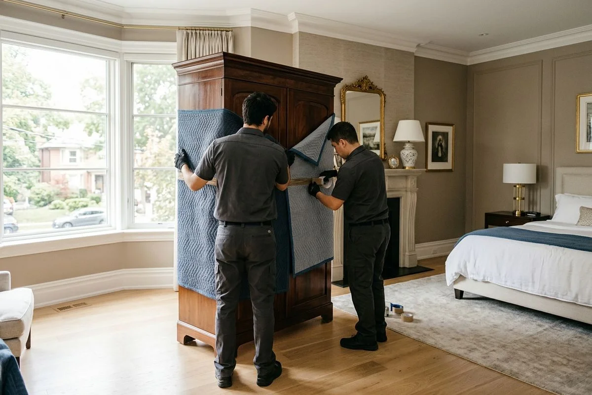 Two crew members wrapping an antique armoire in furniture blankets