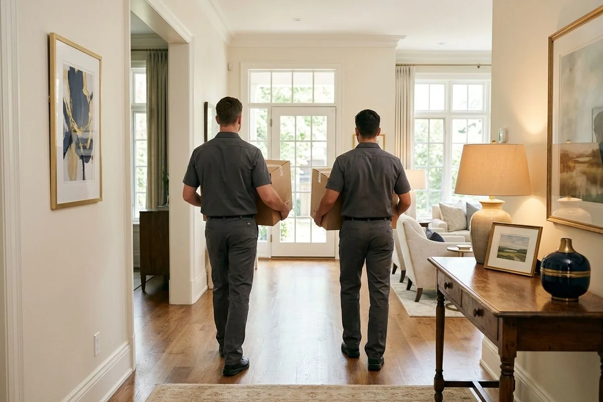 Two crew members carrying sealed boxes through a cleared hallway in a Beaches home