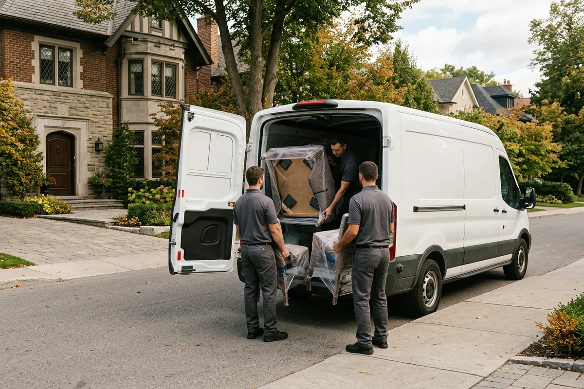 Two crew members loading a wrapped dining set into an unmarked van for donation