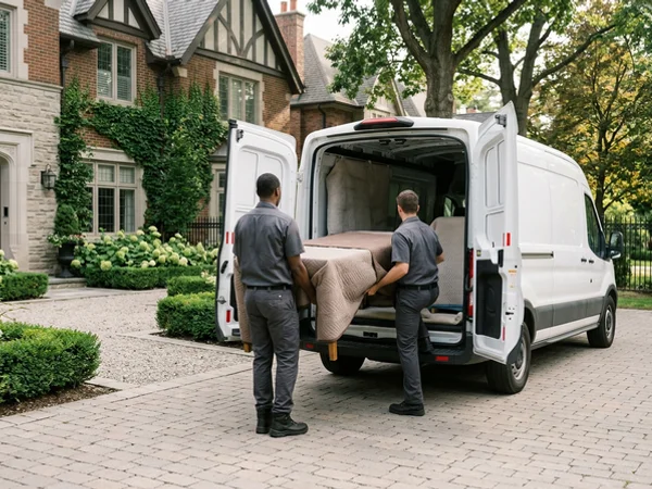 Wrapped dining table loaded into an unmarked van