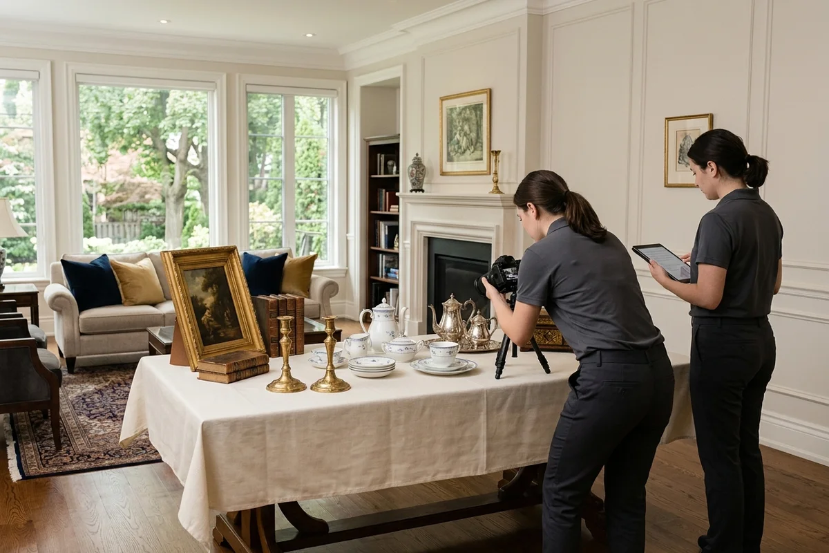 Crew photographing grouped antique lots for an online estate auction