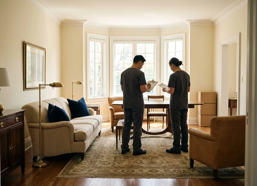 Two team members reviewing an inventory clipboard together in a sunlit Toronto living room